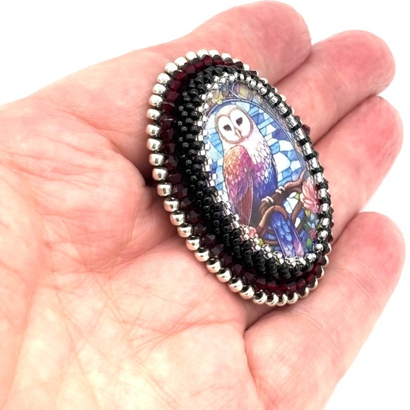 Hand Crafted Colorful Owl Beaded Brooch with Garnet Crystals - Picture 3 of 6